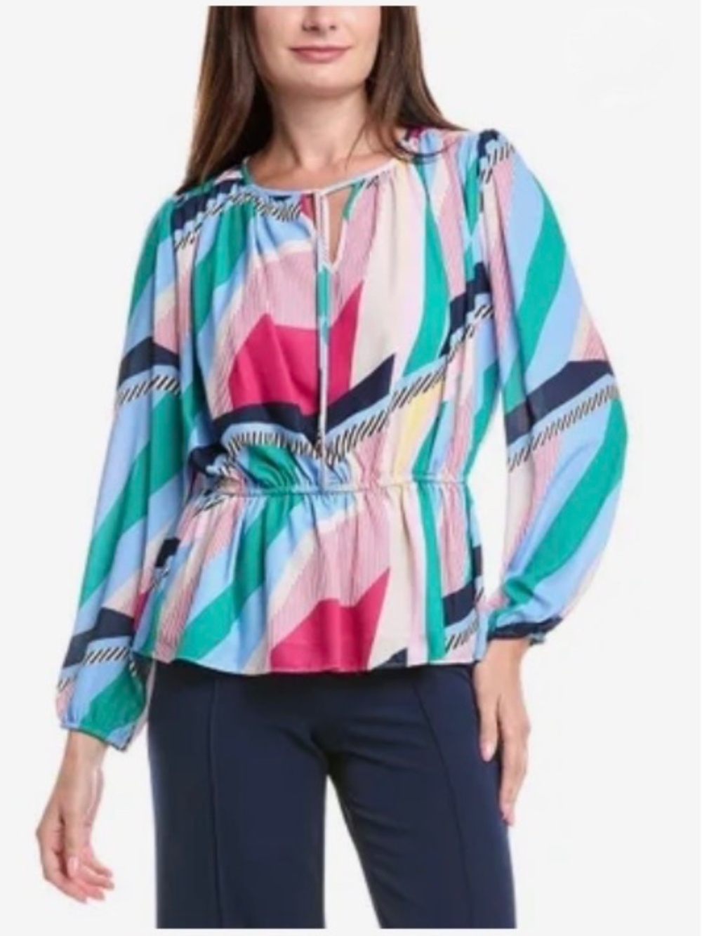 Tahari NWT Multicolor Geometric Peplum Pleated Top Blouse Shirt Large